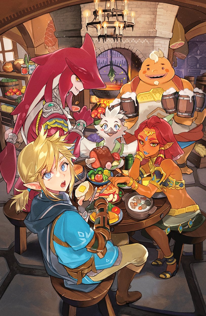 anthro avian beak blue_eyes bread butter dairy_products detailed_background eating feathers female food furniture gerudo goron group hair hi_res humanoid hylian link male marine meat nintendo pictolita prince_sidon red_body red_hair restaurant riju rito smile table tears_of_the_kingdom the_legend_of_zelda tulin_(tloz) white_body white_feathers yunobo zora