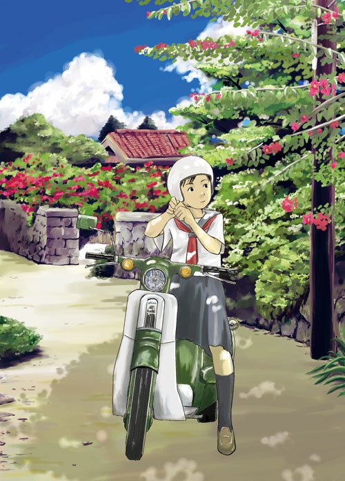 1girl adjusting_clothes adjusting_headwear black_skirt blue_sky cloud cloudy_sky day flower helmet kneehighs kurosada looking_to_the_side motor_vehicle motorcycle motorcycle_helmet necktie on_scooter original outdoors plant red_necktie road scenery school_uniform scooter serafuku shirt shoes sitting skirt sky socks solo stone_wall summer utility_pole wall white_shirt