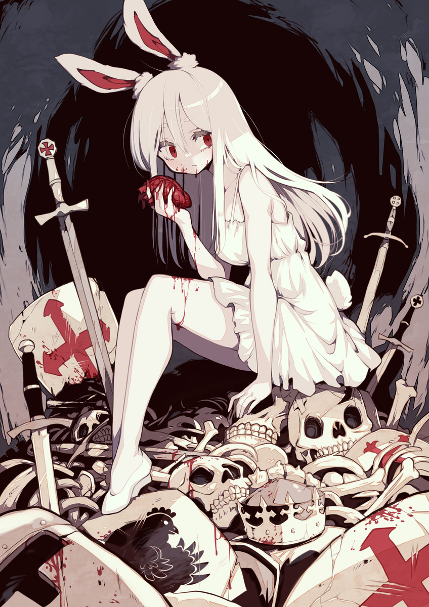 1girl animal_ears blood breasts cannibalism colored_skin dress guro hair_between_eyes heart highres holding holding_heart killer_rabbit_of_caerbannog medium_breasts monty_python monty_python_and_the_holy_grail parororo planted planted_sword rabbit_ears rabbit_girl rabbit_tail red_eyes skeleton skull solo sword tail weapon white_dress white_hair white_skin