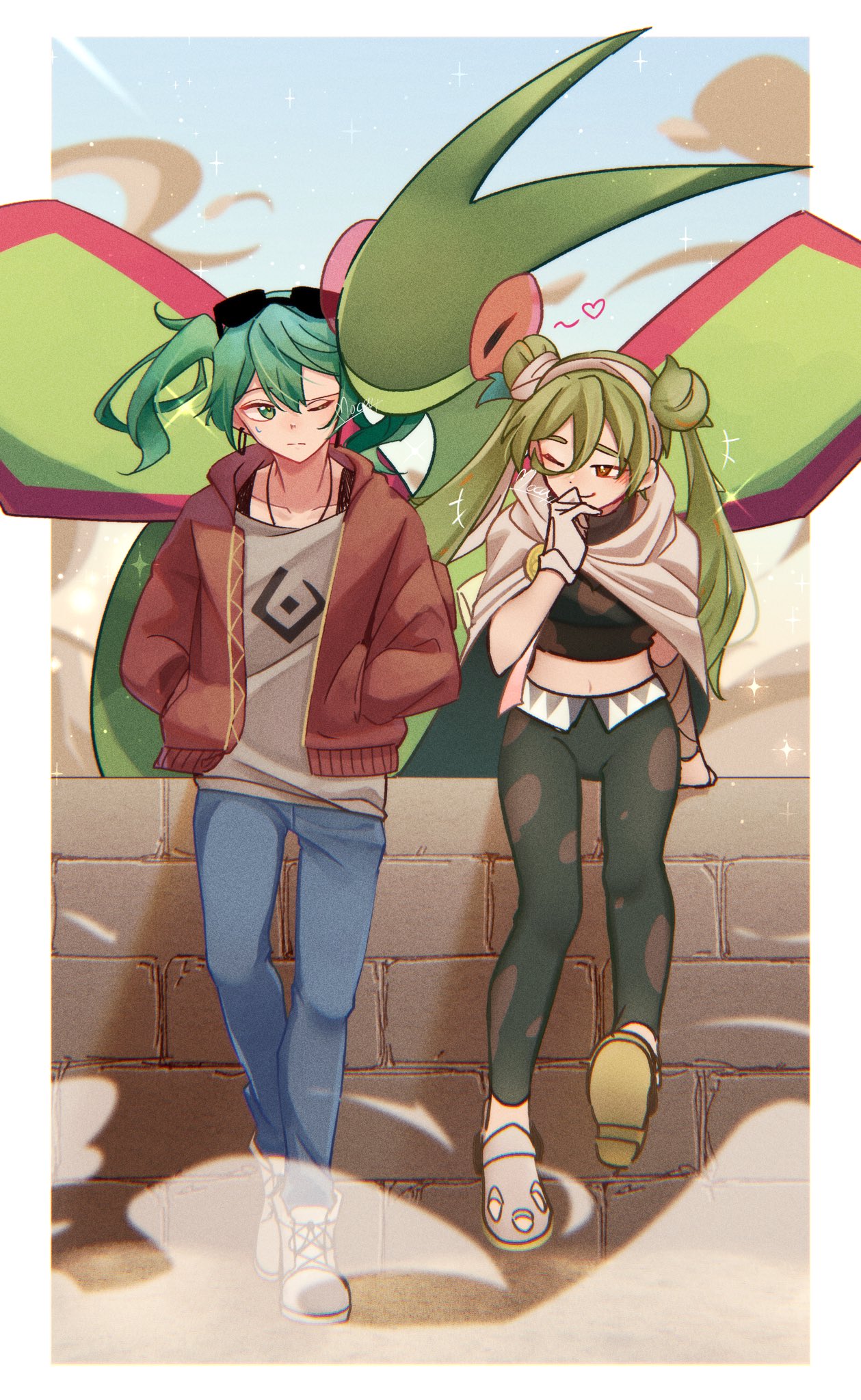 +++ 2girls border closed_mouth commentary_request cropped_shirt day flygon gloves green_eyes green_hair green_pants ground_miku_(project_voltage) hand_up hands_in_pockets hatsune_miku heart highres jacket mocacoffee_1001 multiple_girls one_eye_closed open_clothes open_jacket outdoors pants pokemon pokemon_(creature) project_voltage shirt shoes sky standing sunglasses twintails vocaloid white_border white_footwear