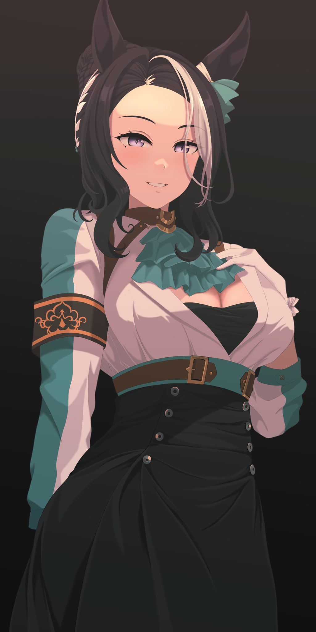 1girl animal_ears aqua_ascot ascot black_hair breasts brown_choker buttons choker cleavage commentary_request cowboy_shot double-breasted ear_ornament gloves hair_bun highres horse_ears horse_girl jacket kumabachi315 large_breasts long_sleeves looking_at_viewer mejiro_ramonu_(umamusume) multicolored_hair pendant_choker purple_eyes short_hair smile solo streaked_hair umamusume white_gloves white_hair white_jacket