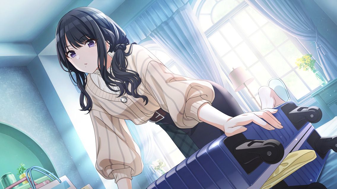 1girl backlighting belt black_hair bloom brown_belt collar collared_shirt curtains dutch_angle frilled_collar frills game_cg green_skirt idolmaster idolmaster_shiny_colors indoors kazano_hiori kneeling leaning_on_object long_hair long_sleeves low_twintails mole mole_under_mouth official_art parted_lips plaid plaid_skirt puffy_long_sleeves puffy_sleeves purple_eyes shirt skirt solo striped striped_sweater suitcase sunlight sweater twintails white_footwear white_shirt window yellow_sweater