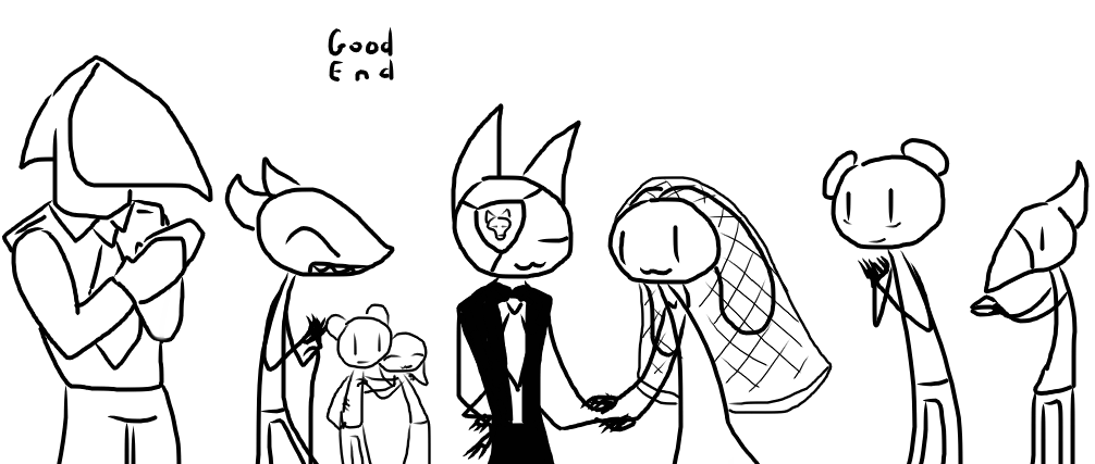 4_arms ace_(rq) anthro avian bear bird black_tie_(suit) canid canine canis clapping clothing corvid daisy_(rq) domestic_cat domestic_dog dress embrace eye_patch eyewear felid feline felis female filbert_(rq) good_end gown group hand_holding happy hood husband_and_wife jay_(bird) jay_(rq) lagomorph leporid long_ears male male/female mammal married married_couple mask multi_arm multi_limb necktie oscine passerine rabbit red_(rq) rodent ruby_(rq) sciurid smile stitches_(rq) suit the_weaver tom_(rq) tree_squirrel veil wedding