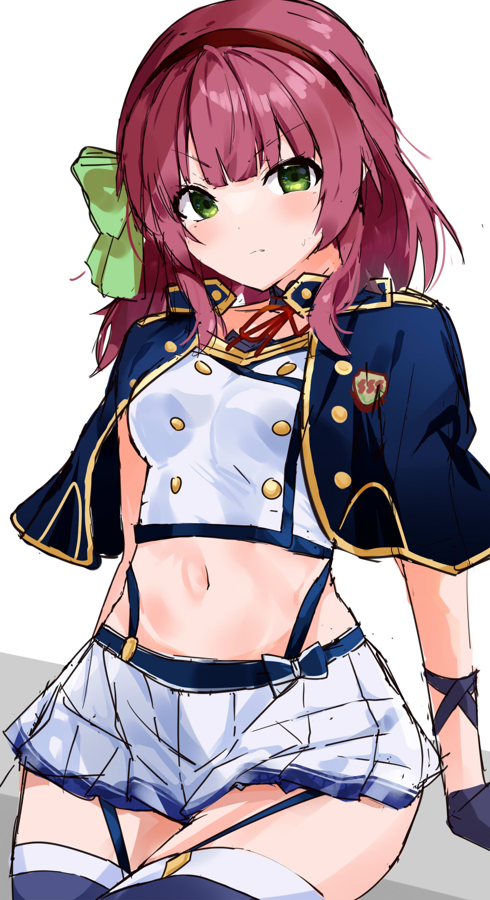 1girl alzano_school_uniform angel_beats! angry arm_at_side arms_at_sides black_hairband blue_capelet blue_thighhighs blunt_bangs blush bow capelet closed_mouth commentary commentary_request cosplay crop_top curvy eyelashes frown garter_straps green_bow green_eyes hair_bow hairband highres looking_at_viewer medium_hair miniskirt nakamura_yuri navel neck_ribbon pleated_skirt purple_hair red_ribbon ribbon rokudenashi_majutsu_koushi_to_akashic_record school_uniform shy sidelocks simple_background sitting sketch skirt solo stomach suspender_skirt suspenders sweatdrop thighhighs v-shaped_eyebrows white_background white_skirt zenoo zettai_ryouiki