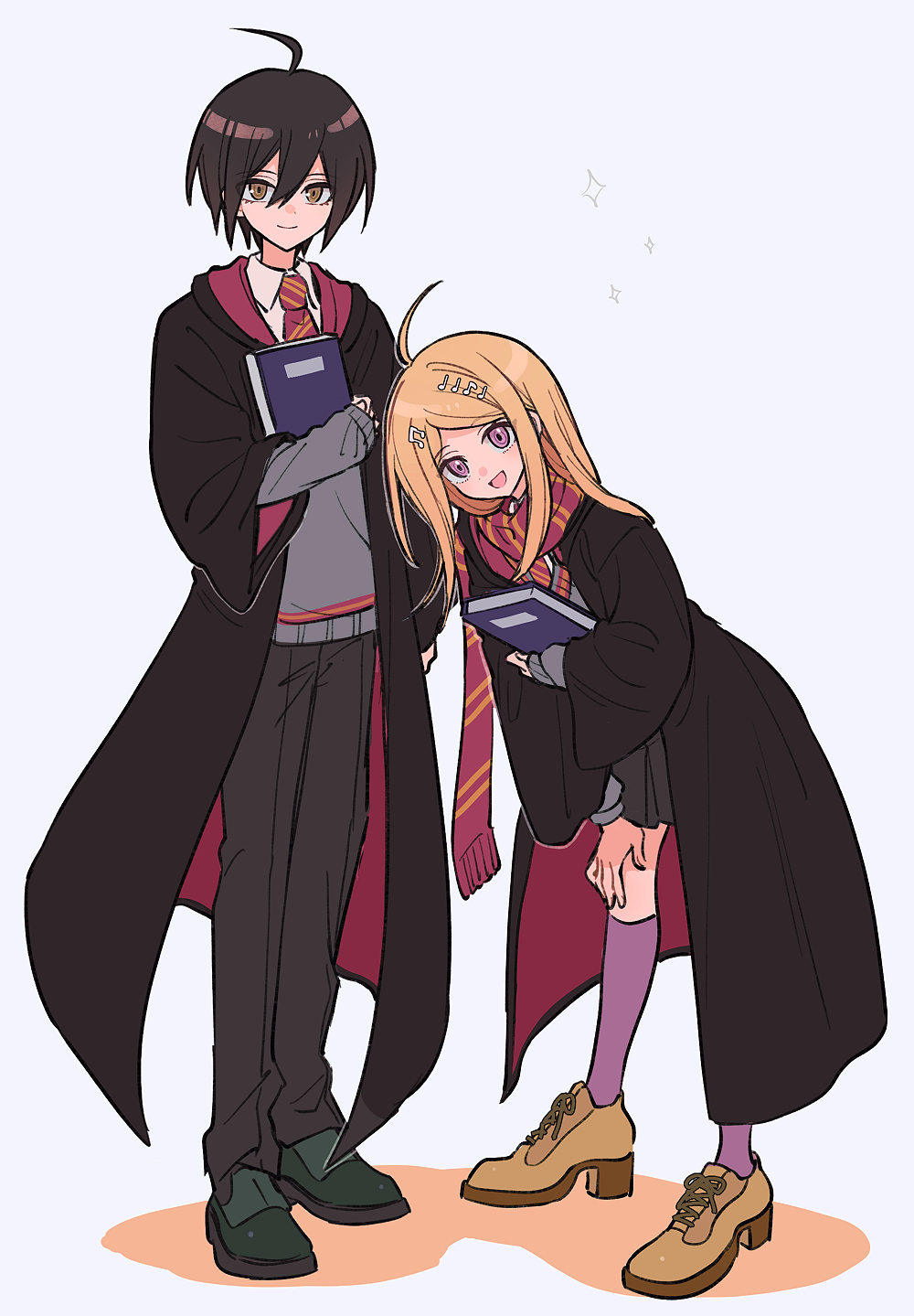 1boy 1girl :d ahoge akamatsu_kaede alternate_costume black_footwear black_robe black_skirt blonde_hair book brown_eyes brown_footwear danganronpa_(series) danganronpa_v3:_killing_harmony hair_between_eyes hair_ornament hand_on_own_leg highres hogwarts_school_uniform holding holding_book kneehighs leaning_forward long_hair musical_note musical_note_hair_ornament necktie open_clothes open_mouth open_robe pink_socks red_necktie robe saihara_shuichi scarf school_uniform skirt smile socks striped striped_necktie striped_scarf xiao_(grsnss25)