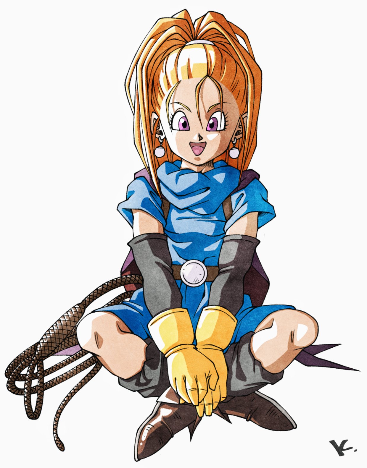 1girl barbara_(dq6) belt black_sleeves black_socks blue_dress boots brown_footwear cape commentary detached_sleeves dragon_quest dragon_quest_vi dress earrings full_body gloves hair_pulled_back high_ponytail highres indian_style jewelry kakeru_(dbskakeru) long_hair looking_at_viewer open_mouth orange_hair pink_eyes purple_cape short_sleeves signature simple_background sitting smile socks solo whip wide_ponytail yellow_gloves
