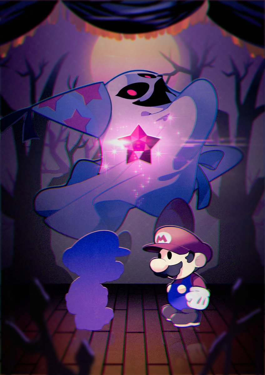 2boys black_sclera blue_overalls brown_footwear colored_sclera doopliss facial_hair gloves hat higuchi_megumi male_focus mario mario_(series) multiple_boys multiple_views mustache open_mouth overalls paper_mario paper_mario:_the_thousand_year_door party_hat pink_eyes red_shirt shirt silhouette sparkle standing star_(symbol) tree white_gloves
