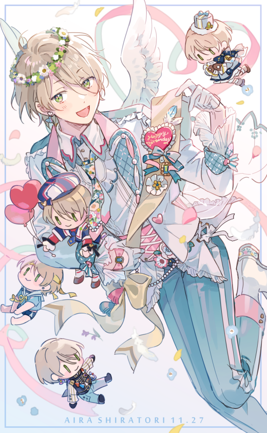1boy balloon blonde_hair blush buttons character_doll character_name collared_shirt commentary dated earrings english_commentary ensemble_stars! floral_print flower_wreath gloves green_eyes hat heart heart_balloon holding holding_balloon jewelry long_sleeves male_focus necktie open_mouth ribbon sailor_collar sash seuga shiratori_aira_(ensemble_stars!) shirt short_hair solo white_gloves wings yellow_ribbon