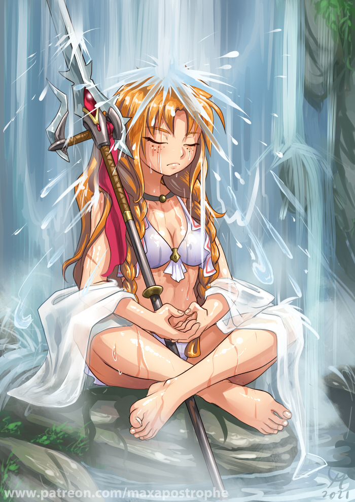 barefoot bikini braid braided_bangs breasts closed_eyes fantasy foliage gem hand_gesture holding holding_polearm holding_sword holding_weapon jewelry les_chevaucheurs maxa' meditation necklace orange_hair original patreon_username phenice_walholl polearm red_gemstone rock scar small_breasts swimsuit sword water waterfall weapon wet wet_clothes white_bikini