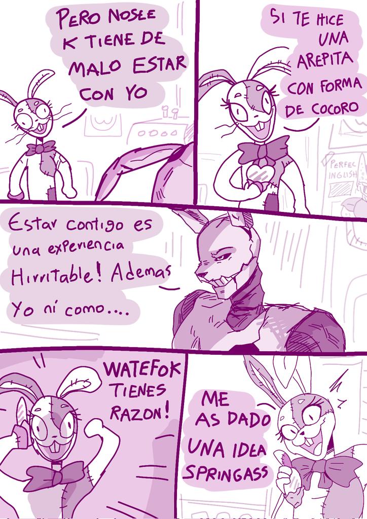 anthro bow_accessory buckteeth comic dialogue duo exclamation_point female five_nights_at_freddy's five_nights_at_freddy's_3 happy lagomorph leporid male mammal monochrome rabbit renita_reed scottgames simple_background spanish_text speech_bubble springtrap_(fnaf) surprise teeth text vanny_(fnaf) whiskers white_background
