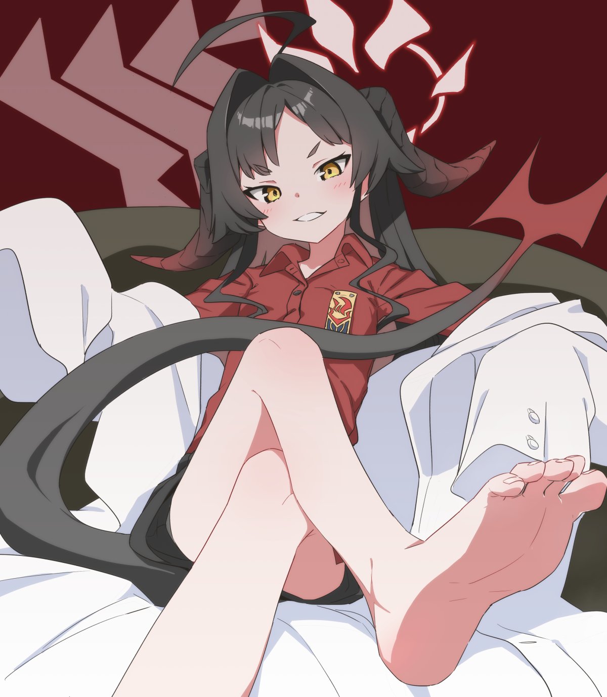 1girl ahoge barefoot black_hair black_shorts blue_archive blush coat crossed_legs demon_horns demon_tail foot_out_of_frame hair_intakes halo highres horns kasumi_(blue_archive) lab_coat long_hair looking_at_viewer parted_lips raigou red_shirt shirt short_eyebrows shorts sitting sleeves_past_fingers sleeves_past_wrists smile soles solo tail toes white_coat yellow_eyes