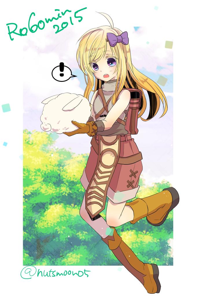 ! 1girl ahoge backpack bag blonde_hair blush boots bow breasts brown_bag brown_footwear brown_gloves brown_shorts commentary_request full_body gloves grey_shirt hair_bow kirika_(nutsmoon) long_hair lunatic_(ragnarok_online) medium_bangs novice_(ragnarok_online) open_mouth purple_bow purple_eyes rabbit ragnarok_online round_teeth shirt shorts sleeveless sleeveless_shirt small_breasts spoken_exclamation_mark swept_bangs teeth twitter_username upper_teeth_only