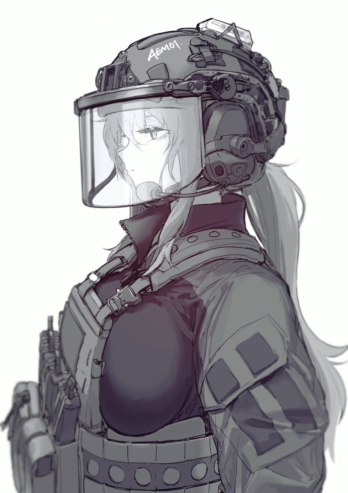 1girl alma01 arms_behind_back black_shirt body_armor breast_press breasts bulletproof_vest earphones expressionless eyelashes eyeliner grey_hair hair_between_eyes hair_strand helmet highres huge_breasts long_hair long_sleeves looking_to_the_side magazine_(weapon) makeup messy_hair microphone original plate_carrier ponytail shirt sidelocks solo visor_(armor)