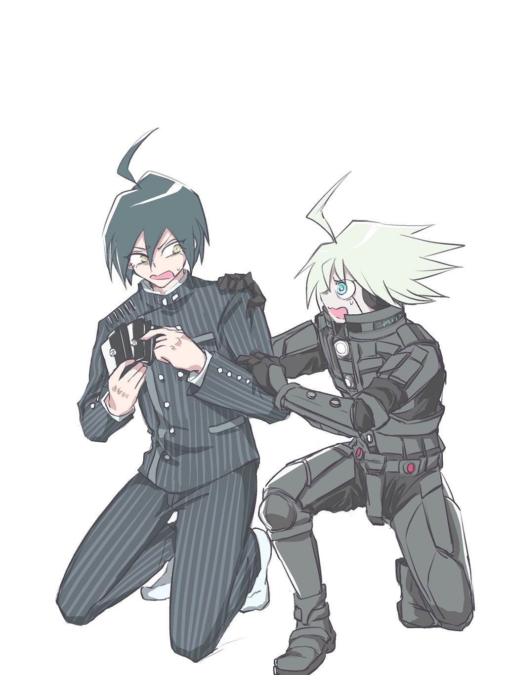 2boys ahoge android black_gloves black_hair black_jacket brown_eyes buttons card d: danganronpa_(series) danganronpa_v3:_killing_harmony double-breasted gloves grey_eyes headphones highres holding holding_card jacket k1-b0 male_focus multiple_boys no_shoes on_one_knee pants playing_card power_armor saihara_shuichi shachoo_(poco_poco) socks spiked_hair striped striped_jacket striped_pants white_hair white_socks