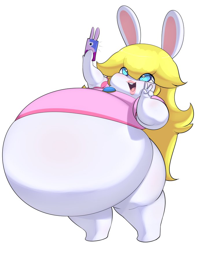 belly big_belly blonde_hair blue_eyes cellphone clothing crossover female hair hyper hyper_belly lipstick makeup mario_bros mario_plus_rabbids_kingdom_battle morbidly_obese morbidly_obese_female nintendo obese obese_female overweight overweight_female phone pink_clothing pink_lipstick pink_shirt pink_topwear princecoffeecakes rabbid_peach raving_rabbids rayman_(series) selfie shirt solo thick_thighs tight_clothing topwear ubisoft white_body