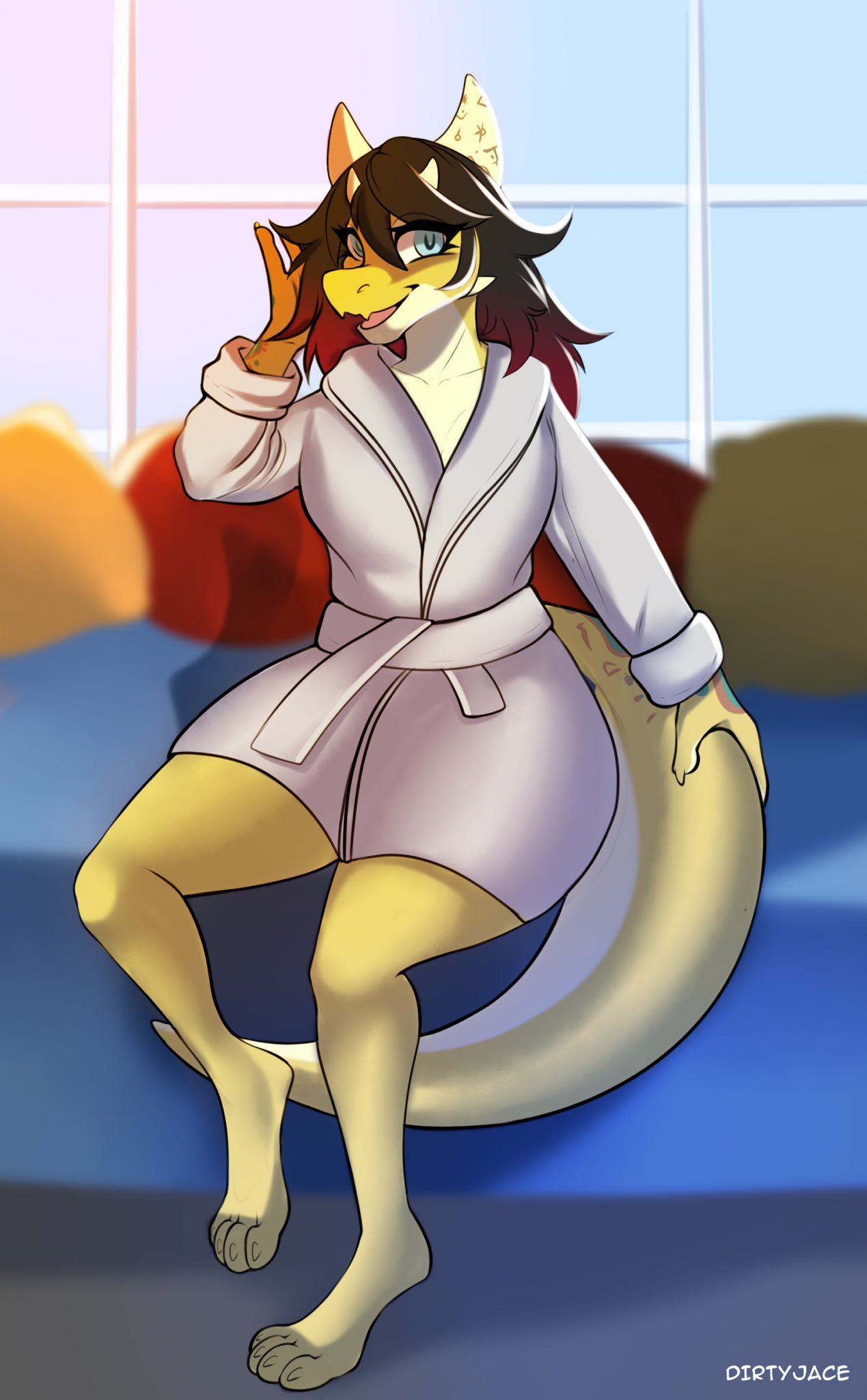 anthro bathrobe bedroom blue_eyes clothing dirty_jace errathimal_(zettra_thorn) female hair hi_res horn kobold looking_at_viewer markings multicolored_body multicolored_hair robe scalie smile solo tail thick_tail two_tone_body two_tone_hair yellow_body