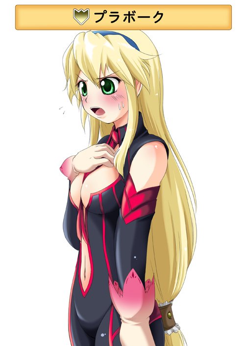 1girl arm_at_side between_breasts black_bodysuit black_sleeves blonde_hair blue_eyes blue_hairband blush bodysuit breasts clarissa_arwin cleavage cowboy_shot detached_sleeves flying_sweatdrops gloves gradient_gloves green_eyes hair_between_eyes hairband hand_on_own_chest hand_up kanzuki_yuu long_hair long_sleeves low-tied_long_hair medium_breasts navel necktie necktie_between_breasts open_mouth pink_gloves pink_necktie simple_background solo standing sweat teeth two-tone_gloves upper_teeth_only v-shaped_eyebrows very_long_hair white_background white_gloves wild_arms wild_arms_xf