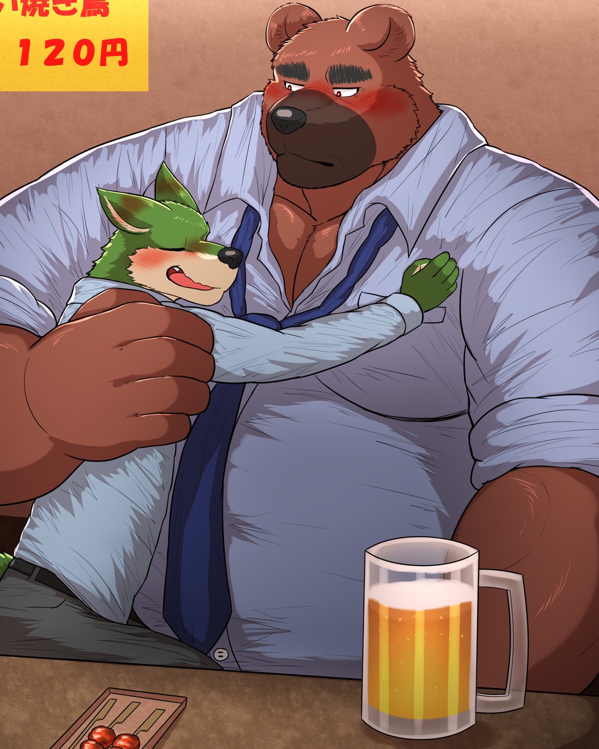 2023 5_fingers anthro bear beer_mug belly belt blue_clothing blue_necktie blue_topwear blush bottomwear brown_arms brown_body brown_ears brown_fingers brown_fur brown_hands canid canine clothed clothing duo eyebrows fingers fully_clothed fur green_body green_fingers green_fur green_hands hi_res mammal necktie nullraihigi open_mouth overweight overweight_anthro pants size_difference teeth tongue topwear