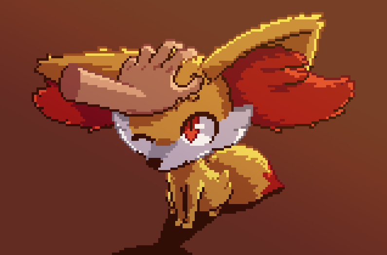 animal_ear_fluff animal_focus backlighting brown_background commentary disembodied_limb english_commentary fennekin full_body hand_on_another's_head headpat leaning_forward looking_at_another looking_up no_humans one_eye_closed pixel_art pokemon pokemon_(creature) red_eyes simple_background sitting solo_focus wisgarus