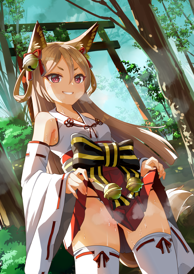 1girl animal_ears bare_shoulders bell blonde_hair bow breasts bright_pupils clothes_lift commentary_request cowboy_shot detached_sleeves forest fox_ears fox_girl fox_tail grin hair_bell hair_ornament hair_rings jingle_bell kakuno lifted_by_self long_hair looking_at_viewer nature nontraditional_miko outdoors panties panty_peek pink_eyes red_skirt setsu_(shangri-la_drive) shangri-la_drive skirt skirt_lift small_breasts smile solo steaming_body sweat tail thighhighs torii underwear waist_bow white_pupils white_thighhighs wide_sleeves