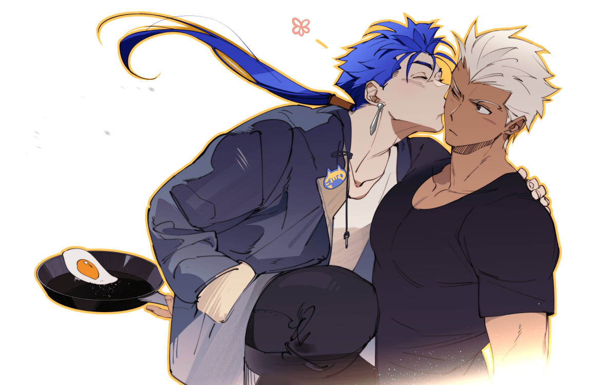 2boys archer_(fate) black_pants black_shirt blue_hair brown_eyes closed_eyes closed_mouth collarbone cu_chulainn_(fate) dangle_earrings drawstring earrings egg_(food) fate/stay_night fate_(series) food frying_pan grey_jacket hand_in_pocket hand_on_another's_shoulder holding holding_frying_pan jacket jewelry kiss kissing_cheek long_hair male_focus multiple_boys orange_outline pants pectorals ponytail shirt short_hair t-shirt tobu_0w0 white_hair white_shirt yaoi