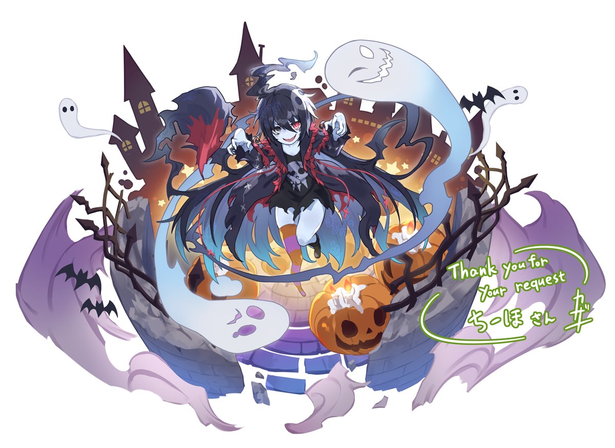 1girl bat_(animal) black_dress black_eyes black_hair blue_skin castle claw_pose colored_skin commentary_request commission dress english_text ghost ghost_girl halloween heterochromia jack-o'-lantern kazana_(sakuto) leg_up original red_eyes short_dress skeb_commission solo standing standing_on_one_leg