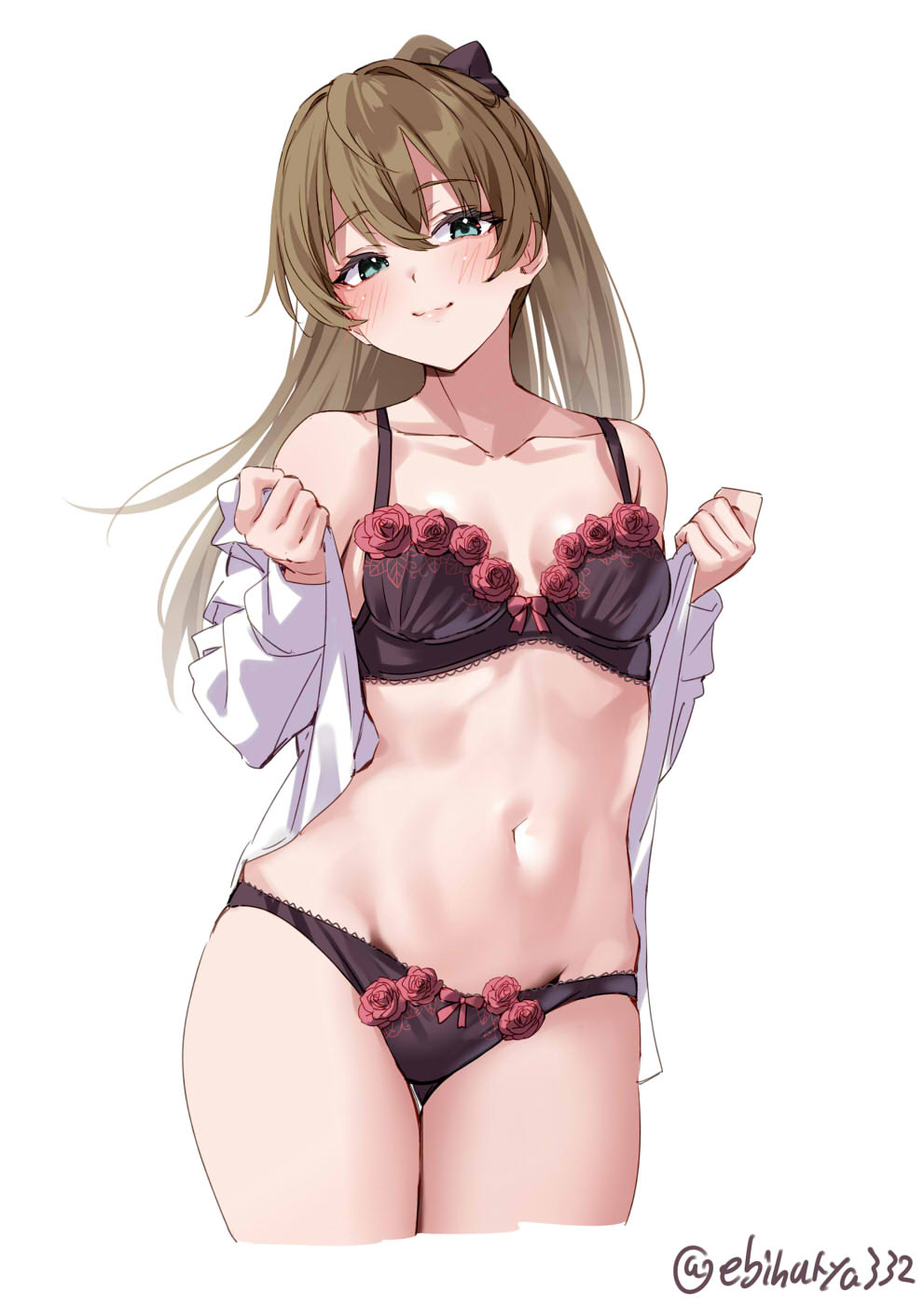 1girl black_bra black_panties blue_eyes bow bow_bra bow_panties bra breasts breasts_apart brown_hair closed_mouth collarbone commentary_request cropped_legs ebifurya hair_between_eyes hair_bow highres kantai_collection kumano_(kancolle) long_hair navel one-hour_drawing_challenge open_clothes open_shirt panties ponytail shirt shirt_down small_breasts smile solo twitter_username underwear white_background white_shirt