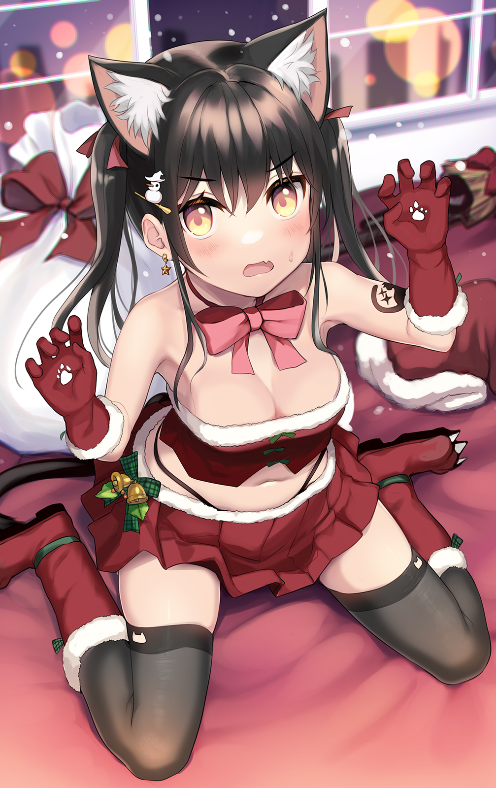 1girl animal_ears bell black_hair black_thighhighs blush boots bow bowtie breasts cat_ears christmas claw_pose cleavage earrings fang full_body fur-trimmed_boots fur-trimmed_gloves fur-trimmed_skirt fur_trim gloves green_bow hat hat_removed headwear_removed highleg highleg_panties highres jewelry looking_at_viewer medium_breasts minamura_haruki navel open_mouth original panties paw_print pink_bow pink_bowtie plaid plaid_bow pleated_skirt red_bow red_footwear red_gloves red_skirt sack santa_hat sitting skin_fang skindentation skirt snowing snowman_hair_ornament solo star_(symbol) star_earrings sweatdrop thighhighs twintails underwear wariza wavy_mouth yellow_eyes