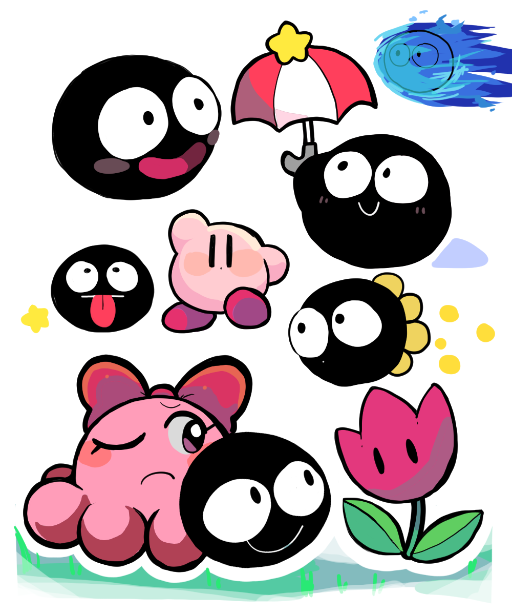 1girl blue_fire blush_stickers chuchu_(kirby) colored_skin fire flower gooey_(kirby) grass hakaba_(ksni_tbn) highres holding holding_umbrella kirby kirby's_dream_land_3 kirby_(series) no_humans one_eye_closed pink_skin smile star_(symbol) tongue tongue_out tulip_(kirby) umbrella