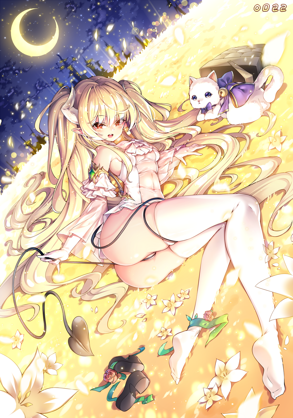 1girl :d ass bare_shoulders black_tail blonde_hair blush bow breasts cat commission covered_navel crescent_moon demon_girl demon_tail detached_sleeves elbow_gloves flower from_behind full_body gloves hair_between_eyes highres horns long_hair looking_at_viewer lying moon night open_mouth original outdoors panties pointy_ears poseich red_eyes sidelocks sky small_breasts smile solo star_(sky) starry_sky tail teeth thighhighs thighs twintails underwear upper_teeth_only very_long_hair white_cat