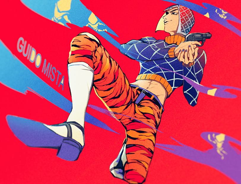 1boy animal_print belt black_eyes blue_sweater character_name closed_mouth commentary_request crop_top guido_mista gun hat holding holding_gun holding_weapon jojo_no_kimyou_na_bouken long_sleeves looking_to_the_side male_focus midriff mizudama navel orange_pants pants revolver sex_pistols_(stand) smile solo sweater tiger_print vento_aureo weapon