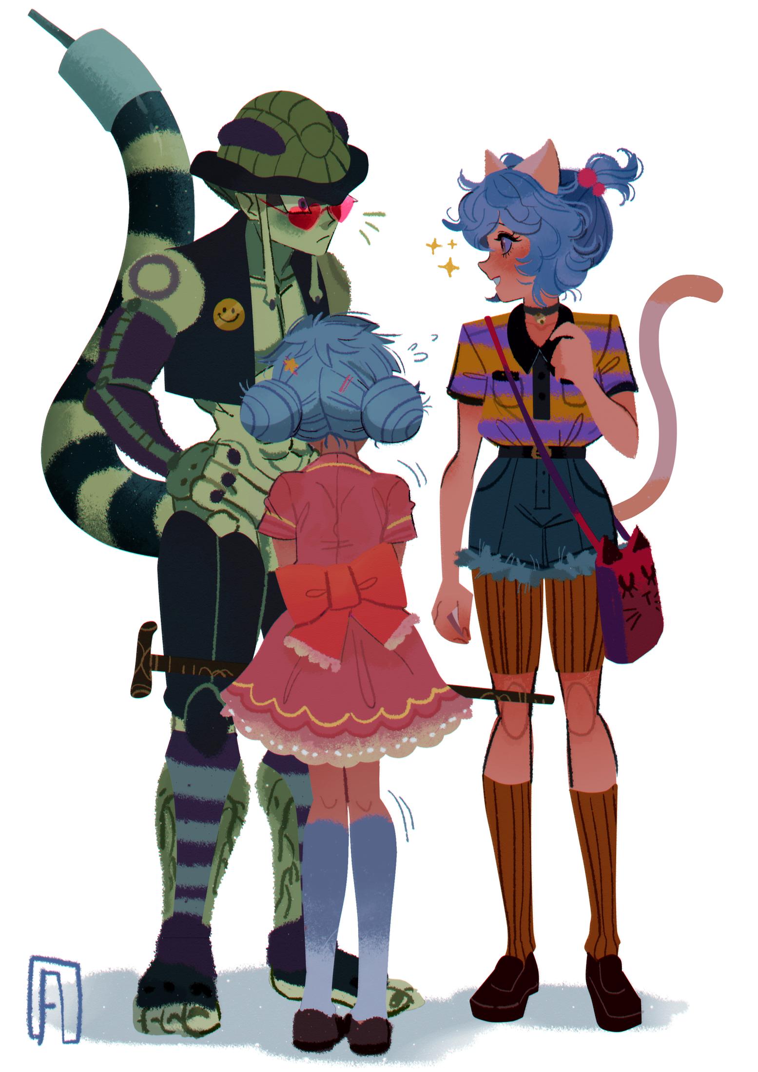 1boy 2girls animal_ears arthropod_boy bag bell black_choker black_footwear blue_shorts blush cane cat_ears cat_girl cat_tail choker colored_skin double_bun dress fewer_digits french-unicorn green_skin grey_hair grey_socks hair_bun heart heart-shaped_eyewear highres hunter_x_hunter komugi_(hunter_x_hunter) long_earlobes meruem multiple_girls neck_bell neferpitou pink-tinted_eyewear pink_dress shadow shirt shirt_tucked_in shoes short_sleeves shorts shoulder_bag simple_background socks sparkle stinger striped striped_shirt tail tinted_eyewear white_background