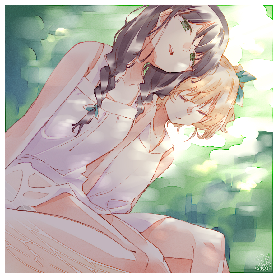 2girls alternate_hairstyle bare_arms bare_legs black_hair blonde_hair blurry blurry_background braid closed_eyes collarbone day dress gochuumon_wa_usagi_desu_ka? green_eyes hair_over_shoulder hair_ribbon hetareeji kirima_syaro leaning_on_person long_hair looking_at_viewer multiple_girls open_mouth outdoors parted_lips ribbon short_hair signature sitting sleeping sleeveless sleeveless_dress sundress twin_braids ujimatsu_chiya wariza white_dress yuri