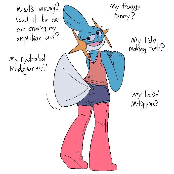 4_fingers aliasing anthro blue_body bottomwear bra clothing cutoffs denim denim_clothing dialogue english_text female fingers furgonomic_bottomwear generation_3_pokemon looking_at_viewer looking_back looking_back_at_viewer loray_(thatoneaceguy) mudkip nintendo open_mouth pokemon pokemon_(species) profanity shirt shorts simple_background solo tail tail_motion tailwag tank_top teasing_viewer text thatoneaceguy tongue topwear underwear white_background