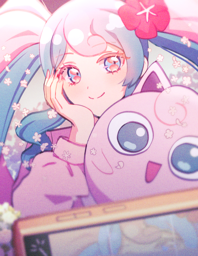 1girl 4b blue_eyes blue_hair cellphone closed_mouth commentary_request fairy_miku_(project_voltage) flower hair_flower hair_ornament hatsune_miku jigglypuff long_hair long_sleeves multicolored_hair petals phone pink_hair pink_shirt pokemon project_voltage puffy_long_sleeves puffy_sleeves red_flower shirt smile twintails two-tone_hair upper_body very_long_hair vocaloid white_flower