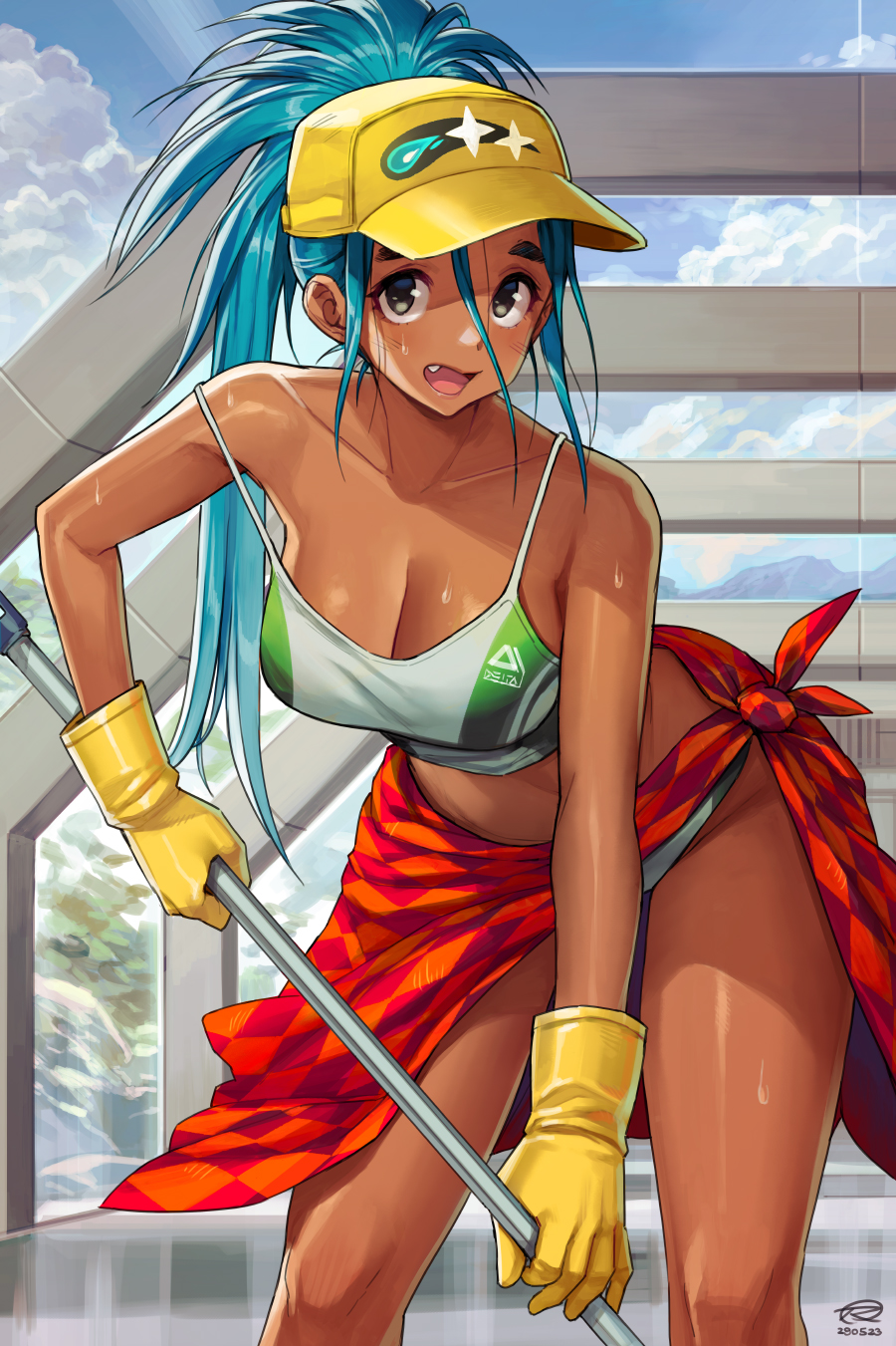 1girl aqua_hair bare_shoulders baseball_cap breasts cloud cloudy_sky collarbone commentary dark-skinned_female dark_skin dated english_commentary fang gloves hat high_ponytail highres holding holding_mop leaning_forward looking_at_viewer mop open_mouth original outdoors red_sarong roonsheen sarong signature sky solo sweat tank_top yellow_gloves yellow_headwear