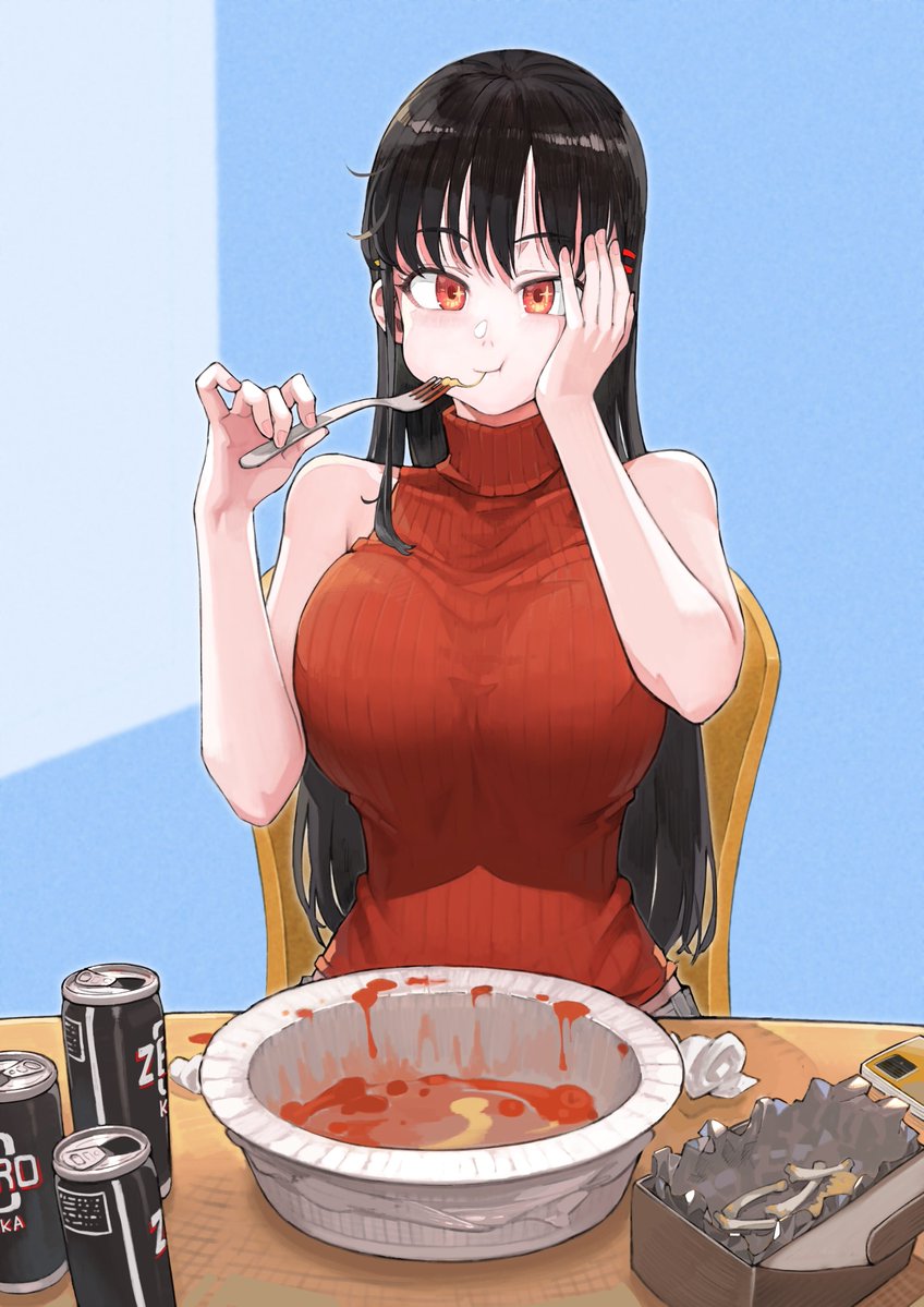 1girl bare_shoulders big_sister_(seojh1029) black_hair blue_background bone breasts can cellphone chair commentary_request eating fork hair_ornament hairclip hand_on_own_cheek hand_on_own_face holding holding_fork jun_(seojh1029) large_breasts long_hair napkin original phone red_eyes red_sweater sitting sleeveless sleeveless_sweater solo sweater turtleneck turtleneck_sweater