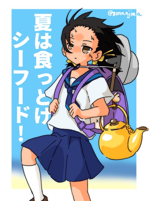 1girl backpack bag black_hair brown_eyes commentary_request cup_noodle flat_chest gonanjima hat kaai_yuki kettle kneehighs kyoufuu_all_back_(vocaloid) medium_hair neckerchief nissin school_uniform serafuku short_sleeves socks solo sweat sweatdrop twitter_username vocaloid