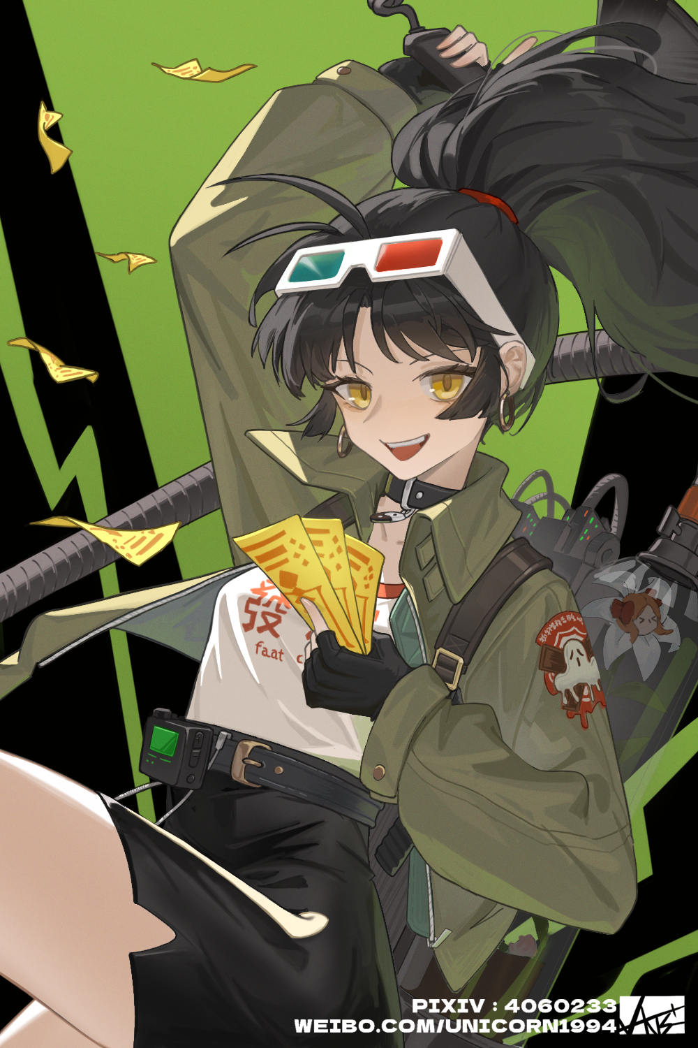 1girl 3d_glasses :d an-an_lee arm_up backpack bag bell_jar belt black_background black_bag black_belt black_choker black_gloves black_hair black_skirt choker clothes_writing cowboy_shot eyewear_on_head fingerless_gloves flower gloves green_background green_jacket hands_up highres holding holding_megaphone jacket lanxian_paulansir lily_(flower) long_hair long_sleeves looking_at_viewer megaphone miniskirt ofuda pixiv_id ponytail reverse:1999 shirt skirt smile solo teeth two-tone_background upper_teeth_only web_address white_flower white_shirt yellow_eyes yin_yang