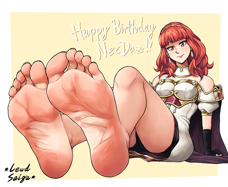 1girl arm_support bare_shoulders barefoot bike_shorts black_gloves black_shorts blunt_bangs border breasts cape celica_(fire_emblem) commentary commission dress earrings english_commentary english_text feet fingerless_gloves fire_emblem fire_emblem_echoes:_shadows_of_valentia foot_focus foreshortening gloves gold_trim jewelry knees_up legs lewdsaiga light_brown_background long_hair looking_at_viewer medium_breasts off-shoulder_dress off_shoulder on_ground orange_hair puffy_short_sleeves puffy_sleeves purple_cape short_sleeves shorts shorts_under_dress sitting smile soles solo thighs tiara toenails toes white_border white_dress