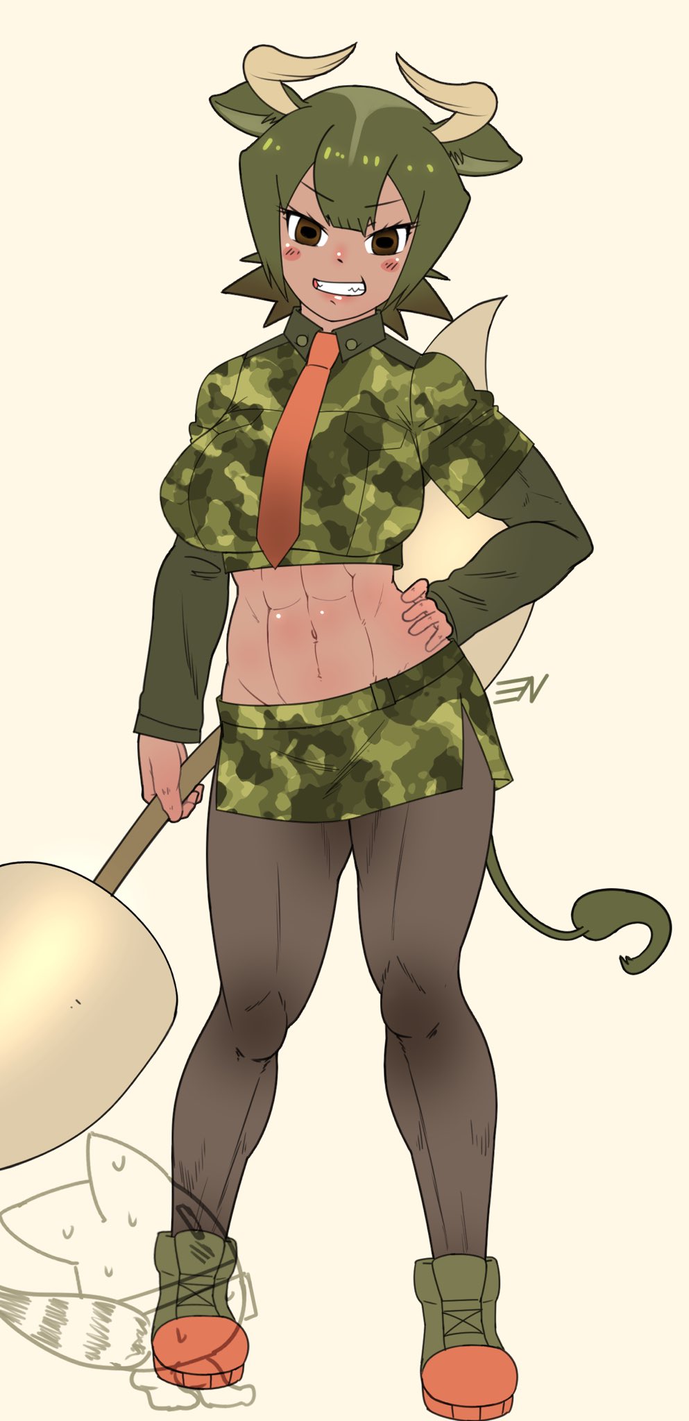 1girl abs animal_ears aurochs_(kemono_friends) blush_stickers breasts brown_eyes brown_pantyhose camouflage camouflage_shirt camouflage_skirt commentary_request cow_ears cow_girl crop_top dark-skinned_female dark_skin empty_eyes full_body green_footwear green_hair green_shirt green_skirt grin groin hand_on_own_hip highres holding holding_polearm holding_weapon horn_lance horns kemono_friends large_breasts layered_sleeves long_sleeves looking_at_viewer lucky_beast_(kemono_friends) midriff miniskirt multicolored_hair muscular muscular_female navel necktie pantyhose partial_commentary polearm shirt shoes short_hair short_sleeves side_slit sidelocks signature simple_background skirt smile solo_focus standing striped_tail sweat tail teeth third_n weapon white_background