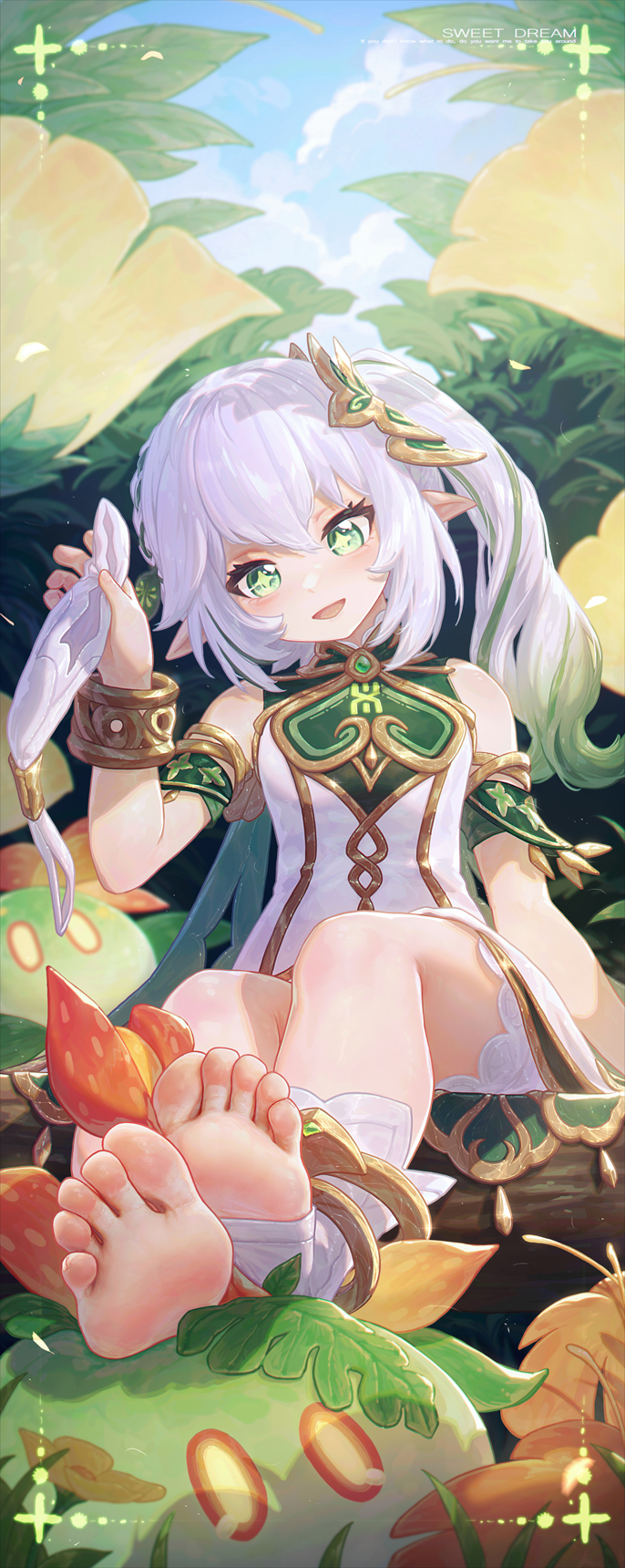 1girl bare_shoulders barefoot feet foot_focus genshin_impact green_eyes hair_ornament highres icecake jewelry nahida_(genshin_impact) no_shoes open_mouth pointy_ears side_ponytail sitting slime_(genshin_impact) soles toes white_hair