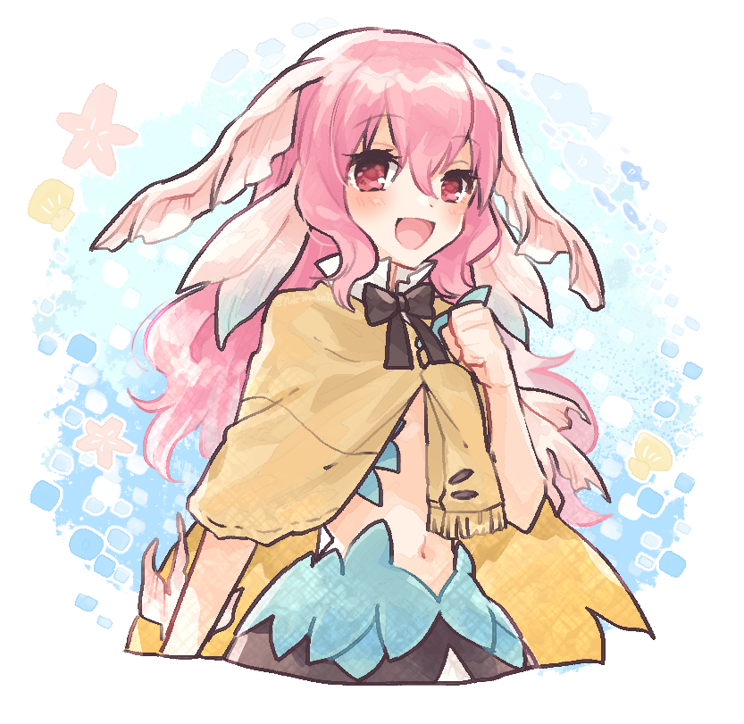 1girl :d black_bow black_bowtie blush bow bowtie brown_capelet capelet fins flower hair_between_eyes hand_up head_fins long_hair looking_at_viewer mikan_tabetai navel open_mouth persia_(rune_factory) pink_eyes pink_flower pink_hair rune_factory rune_factory_3 shell smile solo