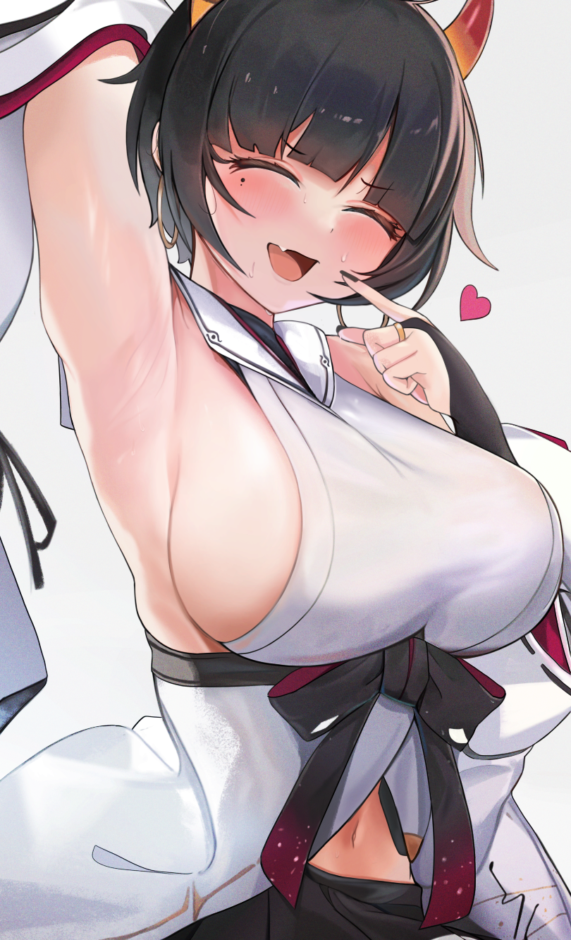 1girl :d ^_^ arm_up armpits bare_shoulders black_hair black_nails blue_archive blush breasts bridal_gauntlets closed_eyes detached_sleeves fang fingernails grey_background heart highres horns large_breasts mole mole_under_eye mu_(0000_hif) nail_polish navel niya_(blue_archive) open_mouth presenting_armpit short_hair sideboob simple_background skin_fang sleeveless smile solo upper_body white_background white_sleeves wide_sleeves