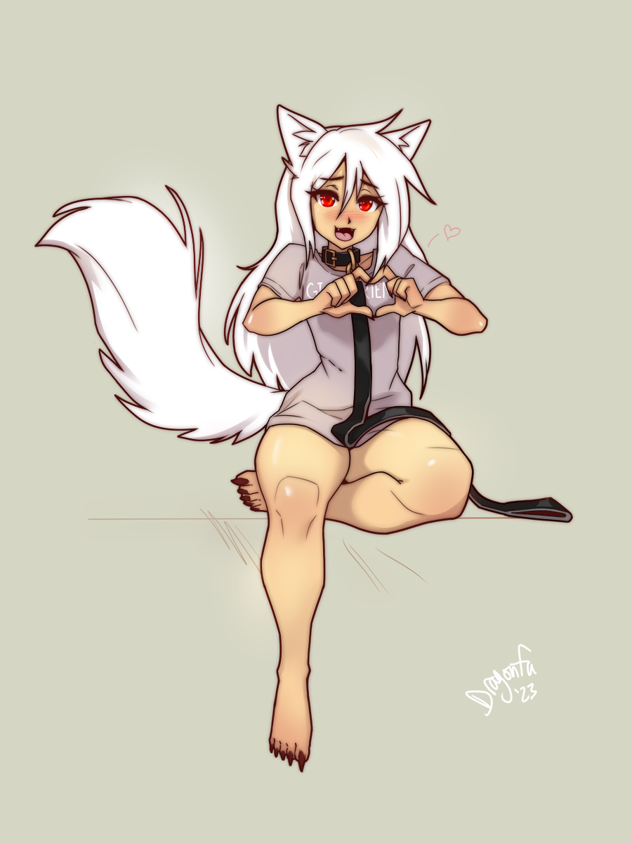 &lt;3 2023 3:4 animal_humanoid anthro blush bottomless canid canid_humanoid canine canine_humanoid clothed clothing collar dragonfu female hair hi_res humanoid leash leashed_collar mammal mammal_humanoid open_mouth red_eyes shinyuu_(character) shirt shirt_only solo tail topwear topwear_only white_hair white_tail wolf_humanoid