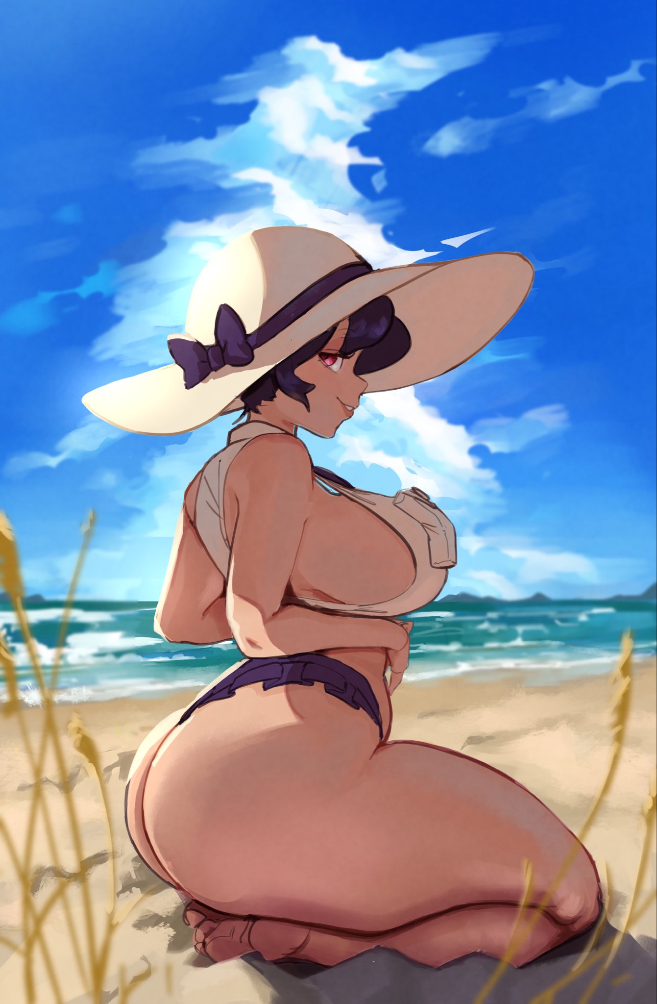 1girl ass beach bikini black_hair blue_sky breasts day filia_(skullgirls) frilled_bikini frills from_behind hat highres large_breasts lips looking_at_viewer looking_back ocean outdoors parted_lips red_eyes rirurirue sand seiza short_hair sideboob sitting skullgirls sky smile solo swimsuit thick_thighs thighs