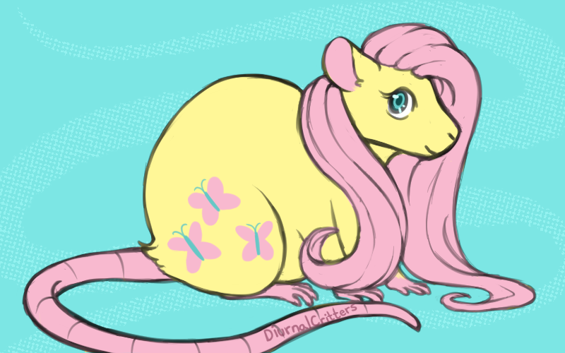 4_toes alternate_species cutie_mark digital_media_(artwork) diurnalcritters feet female feral fluttershy_(mlp) friendship_is_magic fur green_eyes hair hasbro long_hair long_tail mammal murid murine my_little_pony pink_feet pink_hair pink_inner_ear pink_tail rat rodent signature smile solo tail toes yellow_body yellow_fur