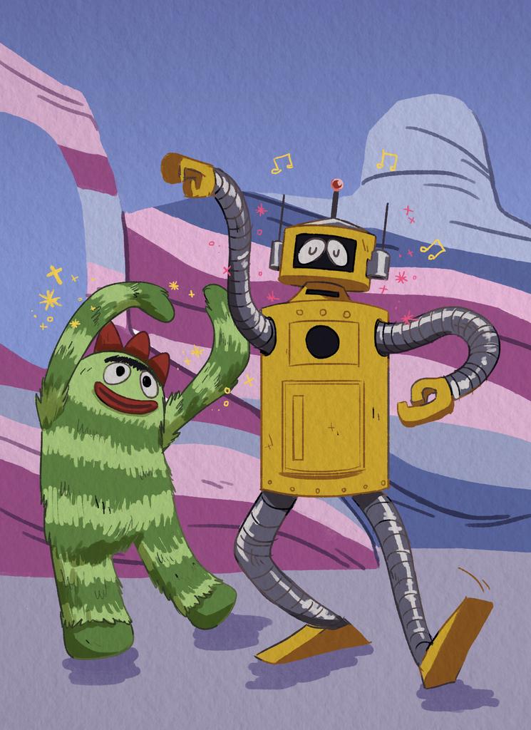 ambiguous_gender anthro brobee dancing detailed_background duo featureless_chest featureless_crotch fur green_body green_fur humanoid machine musical_note pezzlo plex_(yo_gabba_gabba) robot smile striped_body striped_fur stripes unknown_species yellow_body yo_gabba_gabba