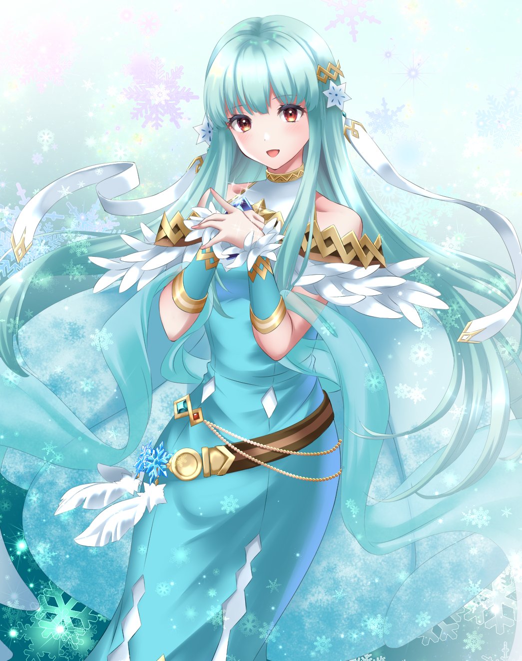 1girl bare_shoulders blue_dress dress fire_emblem fire_emblem:_the_blazing_blade fire_emblem_heroes gem hair_ornament highres kakiko210 long_hair looking_at_viewer ninian_(fire_emblem) ninian_(resplendent)_(fire_emblem) official_alternate_costume open_mouth red_eyes smile snowflakes solo tassel tassel_hair_ornament upper_body very_long_hair white_hair