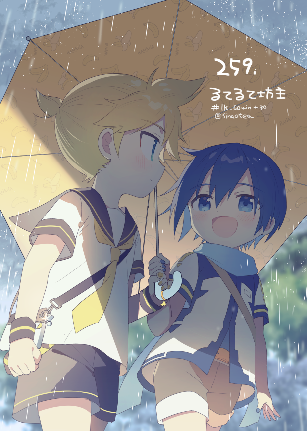 2boys artist_name blue_scarf blurry blurry_background character_request child colored_eyelashes commentary_request cowboy_shot dated holding holding_umbrella implied_yaoi kagamine_len looking_at_another male_child male_focus medium_hair multiple_boys necktie open_mouth rain scarf shared_umbrella sharing shorts signature sinaooo umbrella vocaloid yellow_necktie